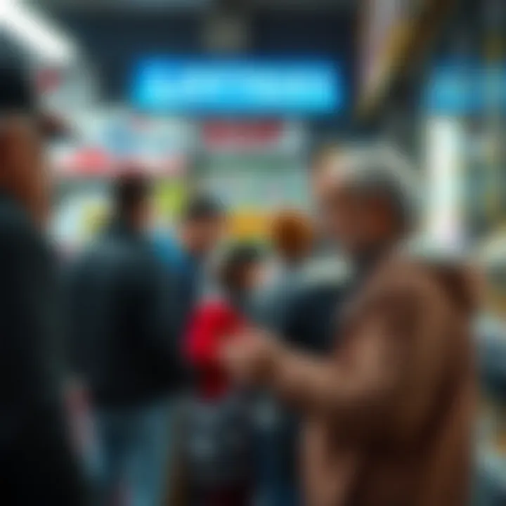 Community gathering at a local lottery shop, engaging in discussions