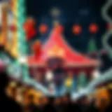 A vibrant winter festival scene showcasing festive lights and decorations