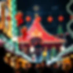 A vibrant winter festival scene showcasing festive lights and decorations