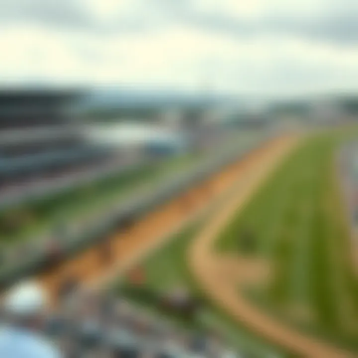 A panoramic view of a horse racing track filled with spectators