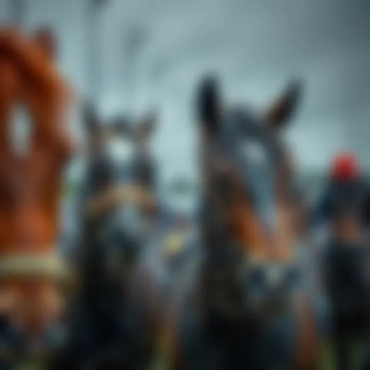 A close-up of racing horses in the rain, highlighting challenges faced