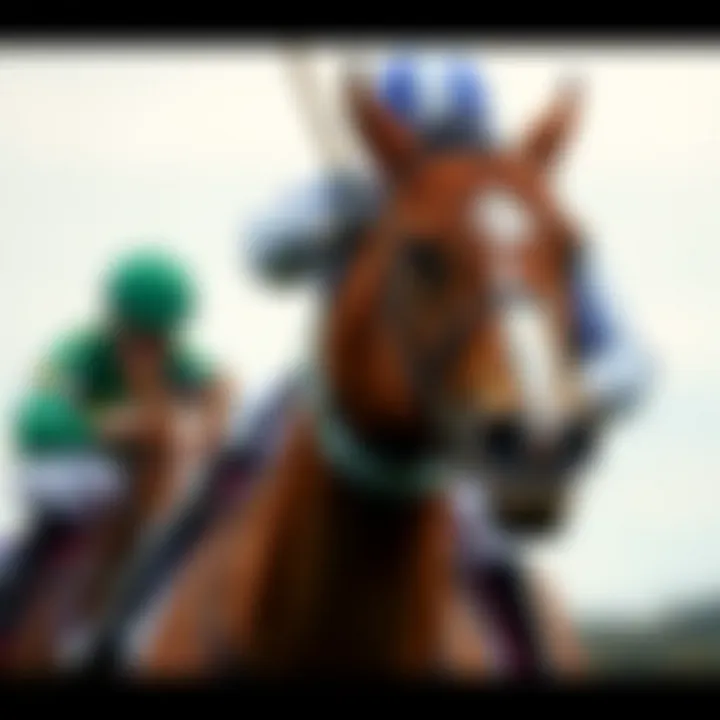 A close-up of a jockey on a horse, highlighting the dynamic action