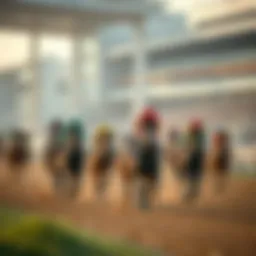 View of a racetrack showcasing various horses racing in a competitive environment