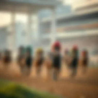 View of a racetrack showcasing various horses racing in a competitive environment