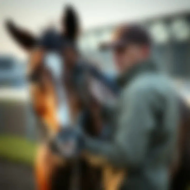 A dedicated trainer working closely with a racehorse during training sessions.